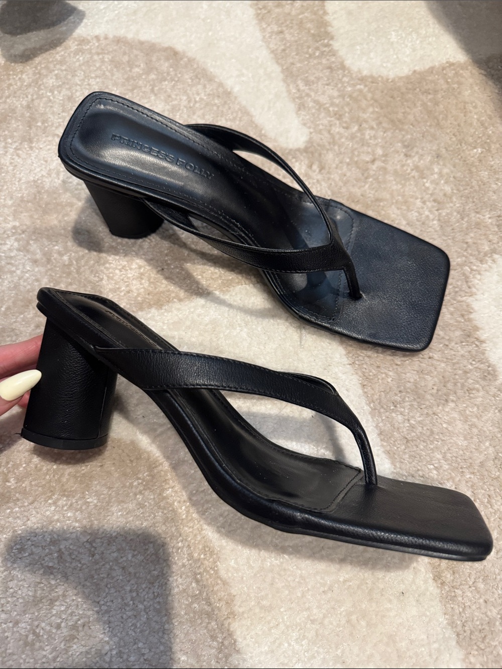 Princess Polly Black Square-Toe Thong Block Heels